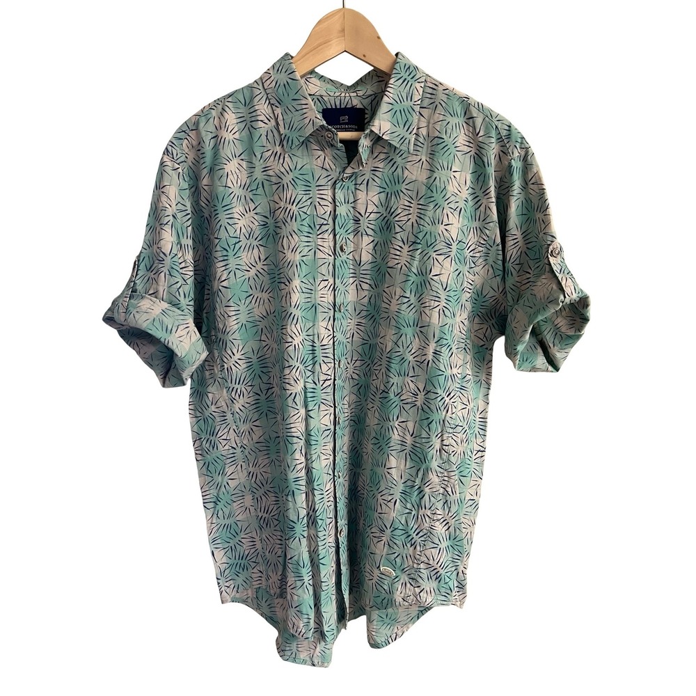 Scotch & Soda Vacanza Men L Teal Blue Geometric Print Cotton Linen Button Shirt